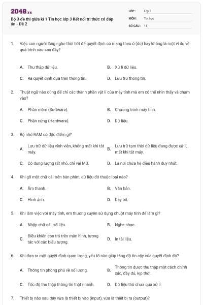 Bộ 3 đề thi giữa kì 1 Tin học lớp 3 Kết nối tri thức có đáp án - Đề 2