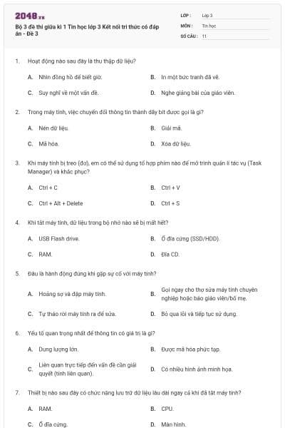Bộ 3 đề thi giữa kì 1 Tin học lớp 3 Kết nối tri thức có đáp án - Đề 3