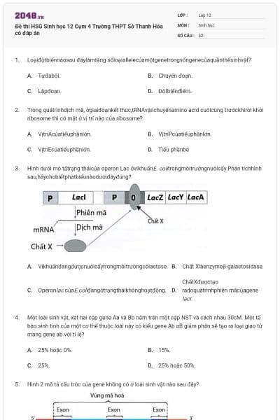 Đề thi HSG Sinh học 12 Cụm 4 Trường THPT Sở Thanh Hóa có đáp án