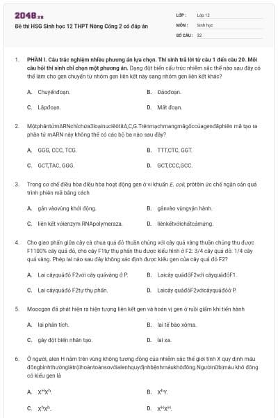 Đề thi HSG Sinh học 12 THPT Nông Cống 2 có đáp án