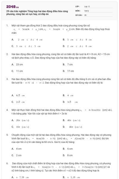 29 câu trắc nghiệm Tổng hợp hai dao động điều hòa cùng phương, cùng tần số cực hay, có đáp án