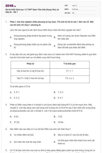 Đề thi HSG Sinh học 12 THPT Nam Tiền Hải (Hưng Yên) có đáp án - Đề 1