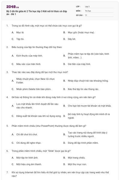 Bộ 3 đề thi giữa kì 2 Tin học lớp 3 Kết nối tri thức có đáp án - Đề 1