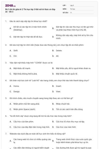 Bộ 3 đề thi giữa kì 2 Tin học lớp 3 Kết nối tri thức có đáp án - Đề 3