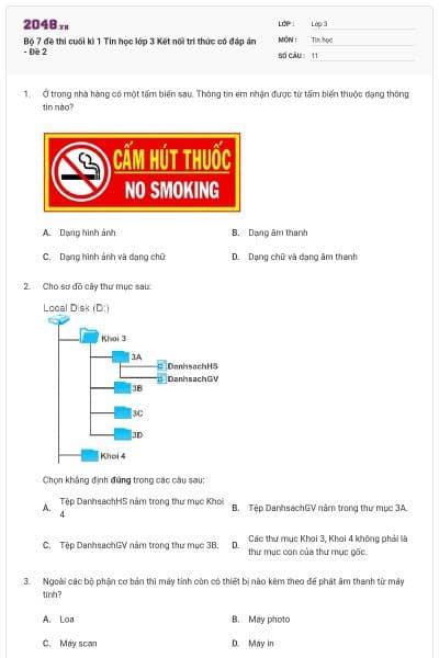 Bộ 7 đề thi cuối kì 1 Tin học lớp 3 Kết nối tri thức có đáp án - Đề 2