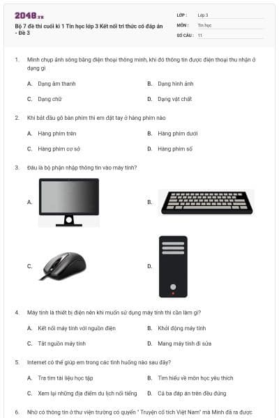 Bộ 7 đề thi cuối kì 1 Tin học lớp 3 Kết nối tri thức có đáp án - Đề 3