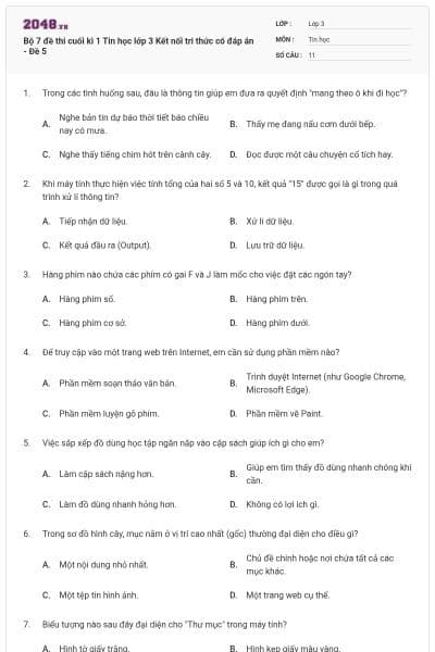 Bộ 7 đề thi cuối kì 1 Tin học lớp 3 Kết nối tri thức có đáp án - Đề 5