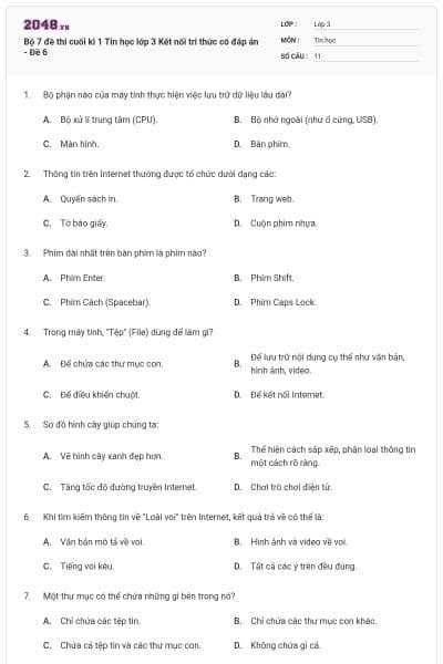 Bộ 7 đề thi cuối kì 1 Tin học lớp 3 Kết nối tri thức có đáp án - Đề 6
