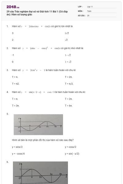 29 câu Trắc nghiệm Đại số và Giải tích 11 Bài 1 (Có đáp án): Hàm số lượng giác