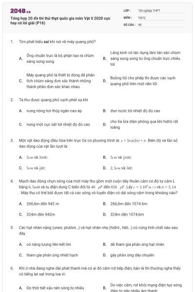 Tổng hợp 20 đề thi thử thpt quốc gia môn Vật lí 2020 cực hay có lời giải (P16)