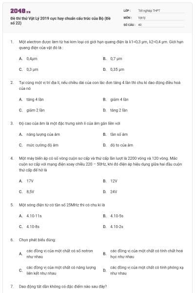 Đề thi thử Vật Lý 2019 cực hay chuẩn cấu trúc của Bộ (Đề số 22)
