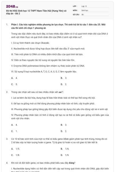 Đề thi HSG Sinh học 12 THPT Nam Tiền Hải (Hưng Yên) có đáp án - Đề 2