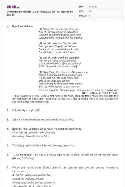 Đề tuyển sinh vào lớp 10 Văn năm 2025 Sở Thái Nguyên có đáp án