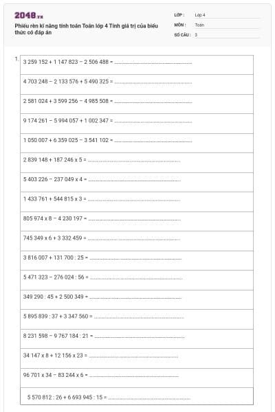 Phiếu rèn kĩ năng tính toán Toán lớp 4 Tính giá trị của biểu thức có đáp án