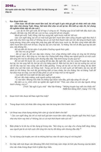 Đề tuyển sinh vào lớp 10 Văn năm 2025 Sở Hải Dương có đáp án