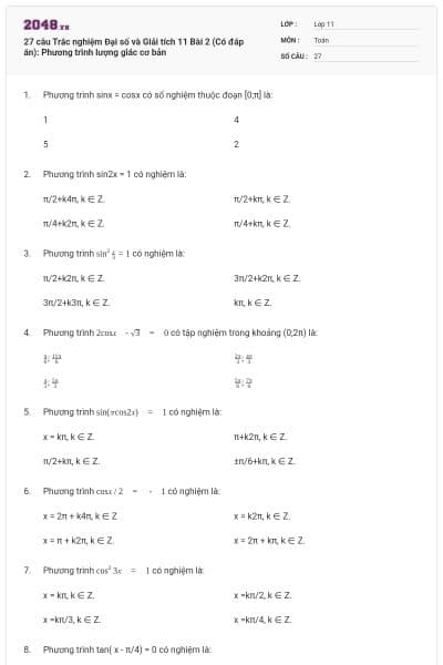 27 câu Trắc nghiệm Đại số và Giải tích 11 Bài 2 (Có đáp án): Phương trình lượng giác cơ bản