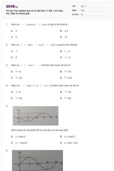 29 câu Trắc nghiệm Đại số và Giải tích 11 Bài 1 (Có đáp án): Hàm số lượng giác