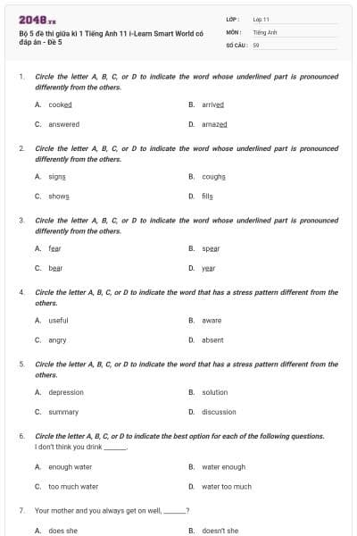 Bộ 5 đề thi giữa kì 1 Tiếng Anh 11 i-Learn Smart World có đáp án - Đề 5