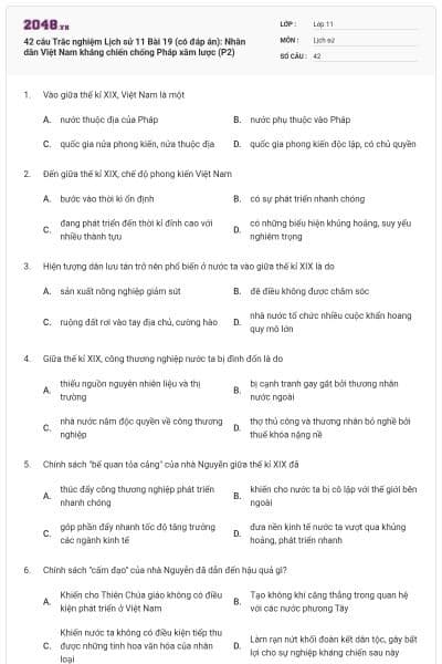 42 câu  Trắc nghiệm Lịch sử 11 Bài 19 (có đáp án): Nhân dân Việt Nam kháng chiến chống Pháp xâm lược (P2)