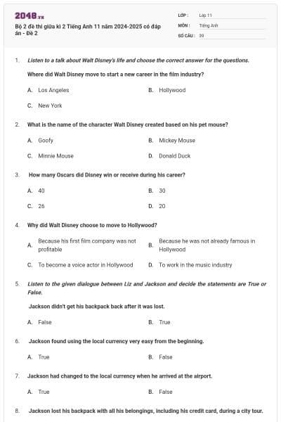 Bộ 2 đề thi giữa kì 2 Tiếng Anh 11 năm 2024-2025 có đáp án - Đề 2