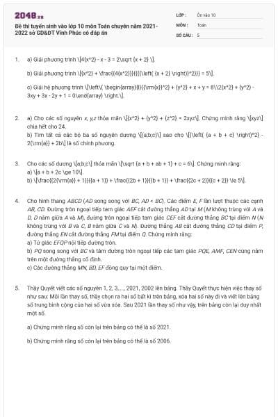 Đề thi tuyển sinh vào lớp 10 môn Toán chuyên năm 2021-2022 sở GD&ĐT Vĩnh Phúc có đáp án