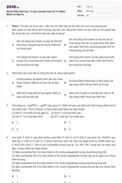 Đề thi HSG Sinh học 12 Cụm chuyên môn Số 14 (Ninh Bình) có đáp án