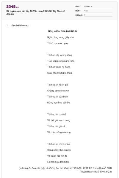 Đề tuyển sinh vào lớp 10 Văn năm 2025 Sở Tây Ninh có đáp án