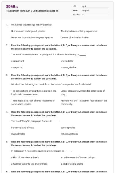 Trắc nghiệm Tiếng Anh 9 Unit 6 Reading có đáp án