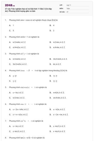 27 câu Trắc nghiệm Đại số và Giải tích 11 Bài 2 (Có đáp án): Phương trình lượng giác cơ bản