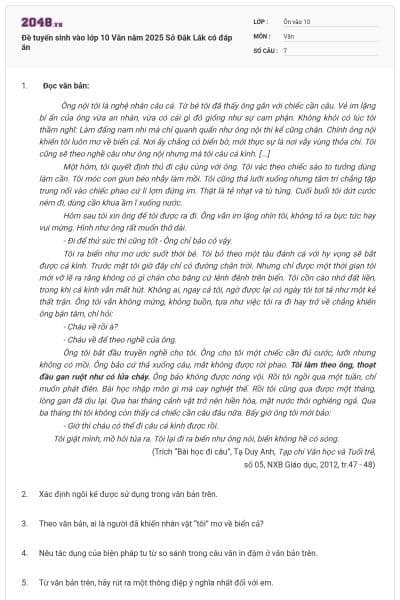 Đề tuyển sinh vào lớp 10 Văn năm 2025 Sở Đắk Lắk có đáp án