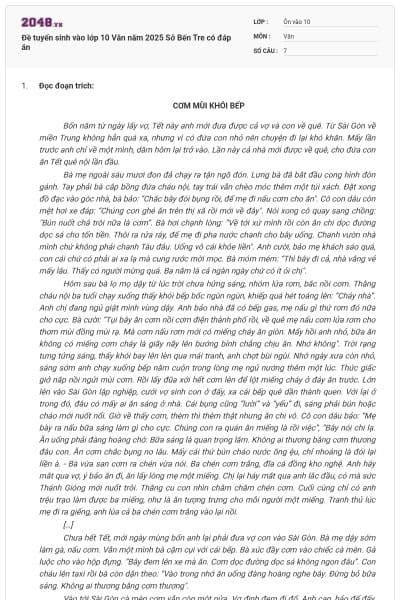 Đề tuyển sinh vào lớp 10 Văn năm 2025 Sở Bến Tre có đáp án