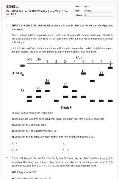 Đề thi HSG Sinh học 12 THPT Phụ Dực (Hưng Yên) có đáp án - Đề 1