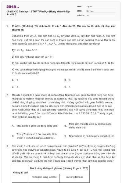 Đề thi HSG Sinh học 12 THPT Phụ Dực (Hưng Yên) có đáp án - Đề 3