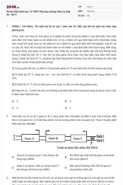 Đề thi HSG Sinh học 12 THPT Phụ Dực (Hưng Yên) có đáp án - Đề 4