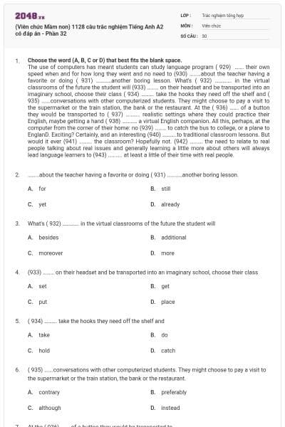 (Viên chức Mầm non) 1128 câu trắc nghiệm Tiếng Anh A2 có đáp án - Phần 32