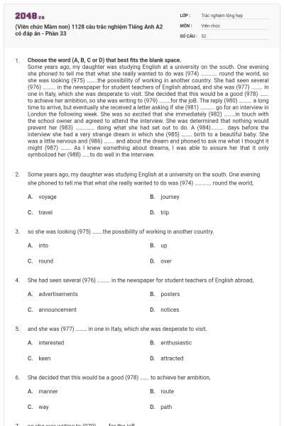 (Viên chức Mầm non) 1128 câu trắc nghiệm Tiếng Anh A2 có đáp án - Phần 33