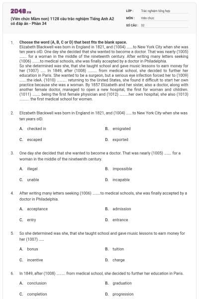 (Viên chức Mầm non) 1128 câu trắc nghiệm Tiếng Anh A2 có đáp án - Phần 34