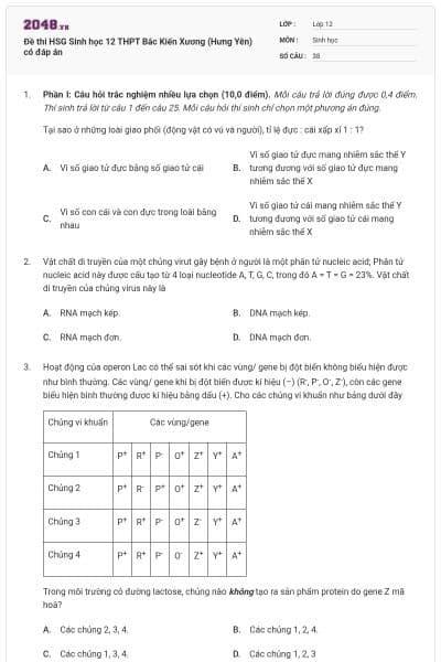 Đề thi HSG Sinh học 12 THPT Bắc Kiến Xương (Hưng Yên) có đáp án