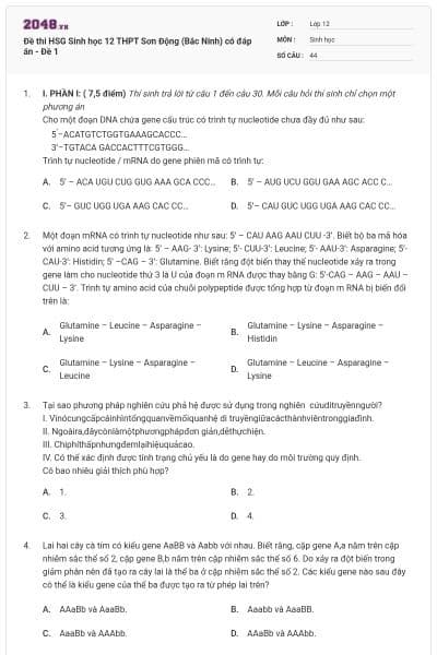 Đề thi HSG Sinh học 12 THPT Sơn Động (Bắc Ninh) có đáp án - Đề 1