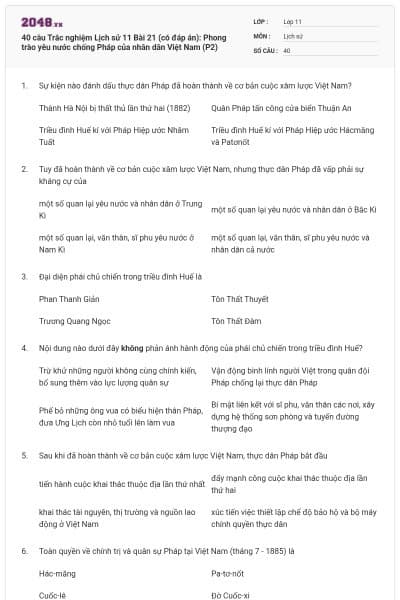 40 câu Trắc nghiệm Lịch sử 11 Bài 21 (có đáp án): Phong trào yêu nước chống Pháp của nhân dân Việt Nam (P2)