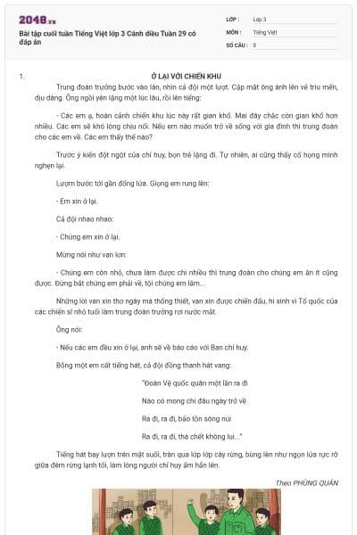 Bài tập cuối tuần Tiếng Việt lớp 3 Cánh diều Tuần 29 có đáp án