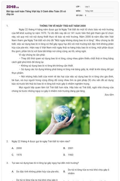 Bài tập cuối tuần Tiếng Việt lớp 3 Cánh diều Tuần 35 có đáp án