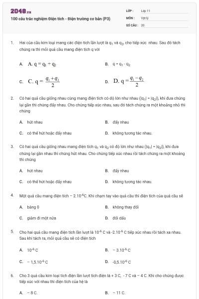 100 câu trắc nghiệm Điện tích - Điện trường cơ bản (P3)