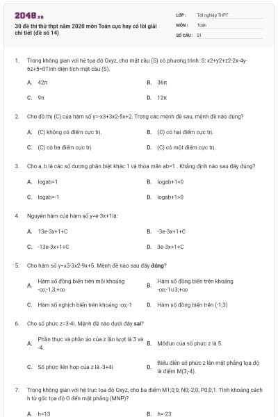 30 đề thi thử thpt năm 2020 môn Toán cực hay có lời giải chi tiết (đề số 14)