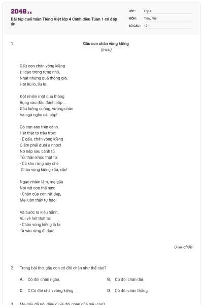 Bài tập cuối tuần Tiếng Việt lớp 4 Cánh diều Tuần 1 có đáp án