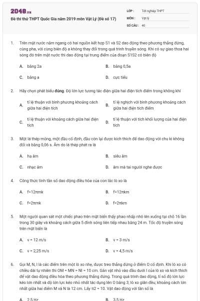 Đề thi thử THPT Quốc Gia năm 2019 môn Vật Lý (Đề số 17)