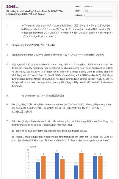 Đề thi tuyển sinh vào lớp 10 môn Toán Sở GD&ĐT Vĩnh Long năm học 2025-2026 có đáp án