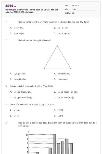Đề thi tuyển sinh vào lớp 10 môn Toán Sở GD&ĐT Yên Bái năm học 2025-2026 có đáp án