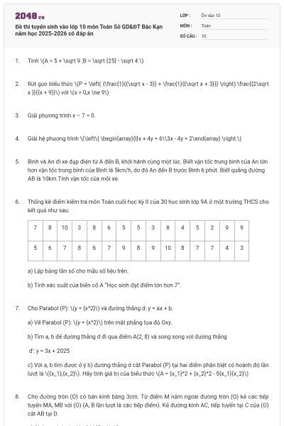 Đề thi tuyển sinh vào lớp 10 môn Toán Sở GD&ĐT Bắc Kạn năm học 2025-2026 có đáp án