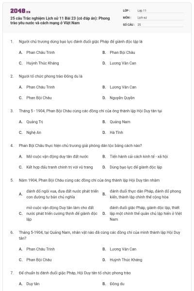 25 câu Trắc nghiệm Lịch sử 11 Bài 23 (có đáp án): Phong trào yêu nước và cách mạng ở Việt Nam